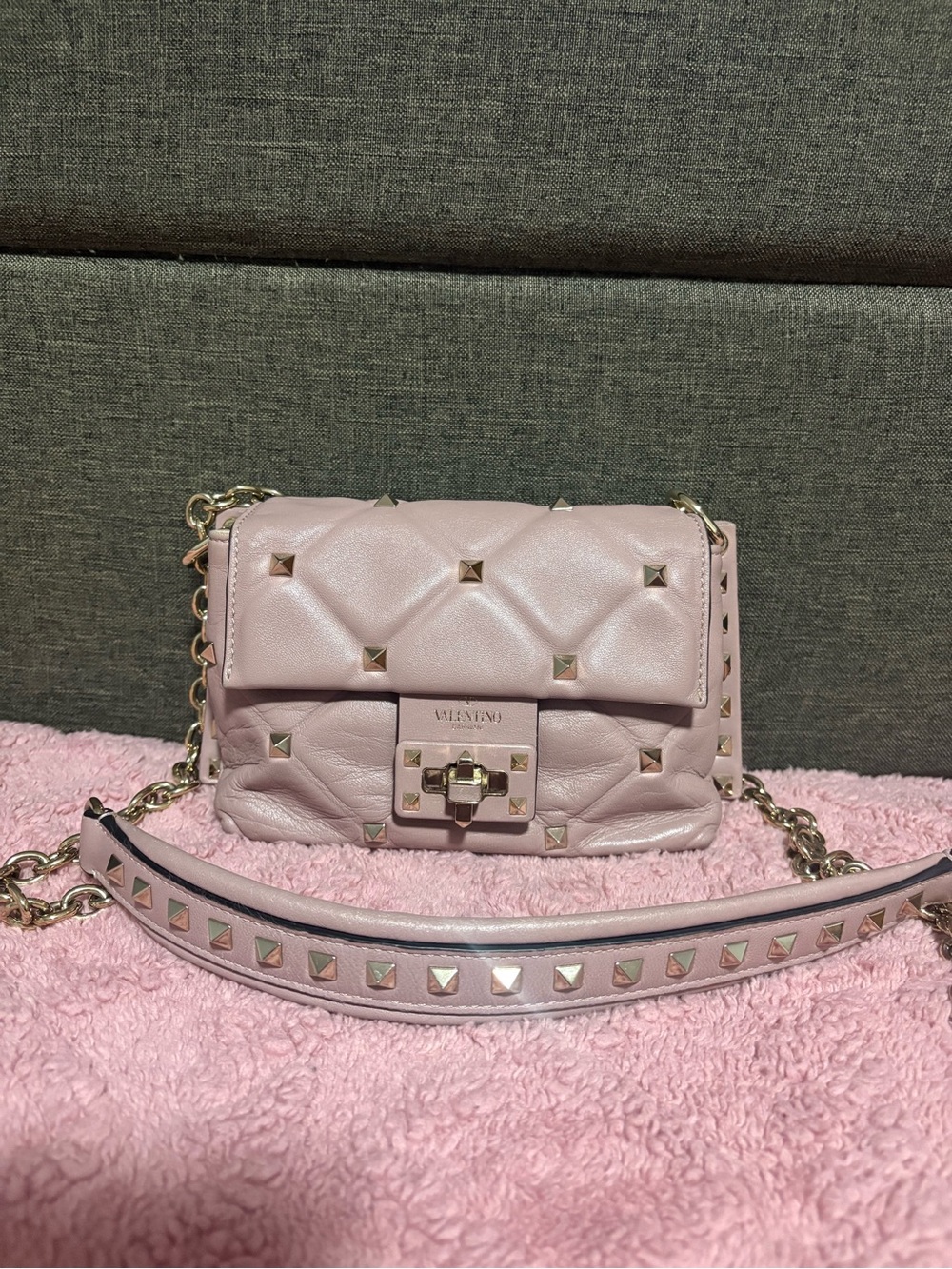 Valentino Light Pink Quilted Rockstud Shoulder Bag with Gold Hardware